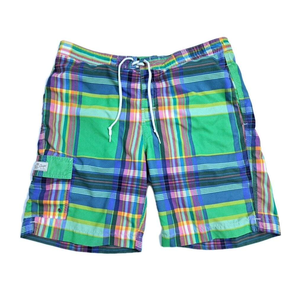Chaps Mens Shorts Large Plaid Green Yellow Swim Trunks Boardshorts Mesh Lined